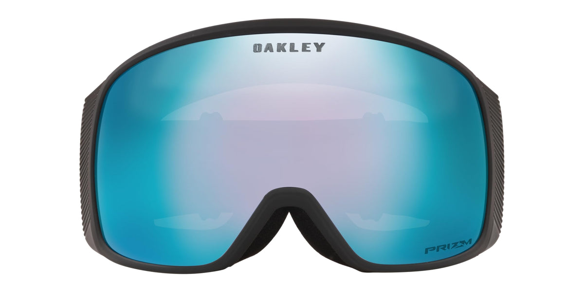 Oakley snow goggles with black frame and teal-blue mirrored lens