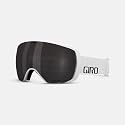 Snow goggles with dark lens, black frame, and light strap with logo