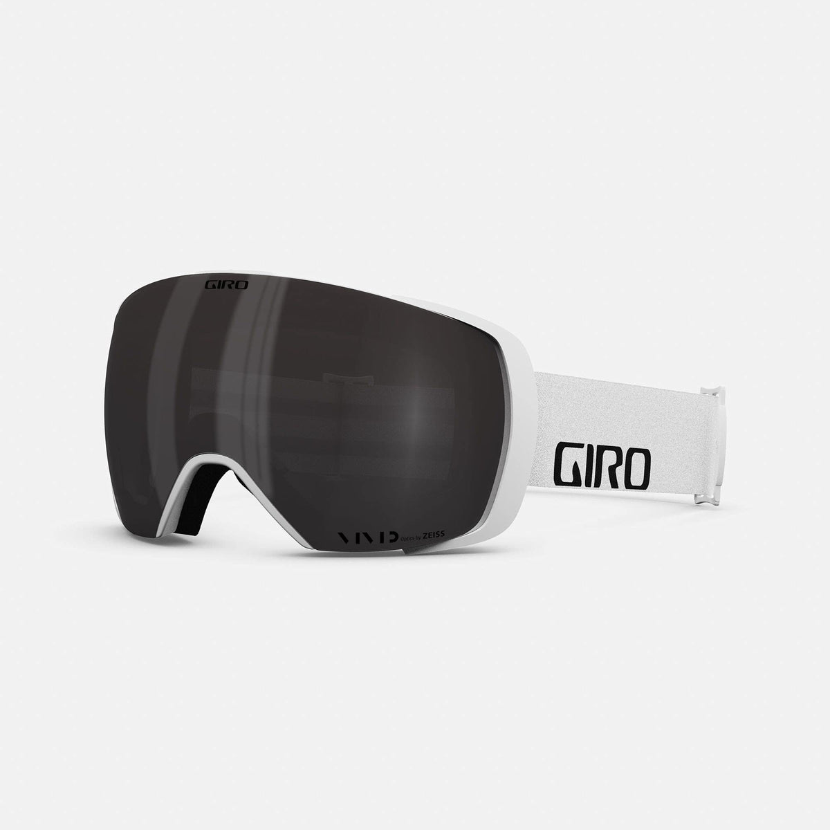 Snow goggles with dark lens and white strap, black frame, curved face shield