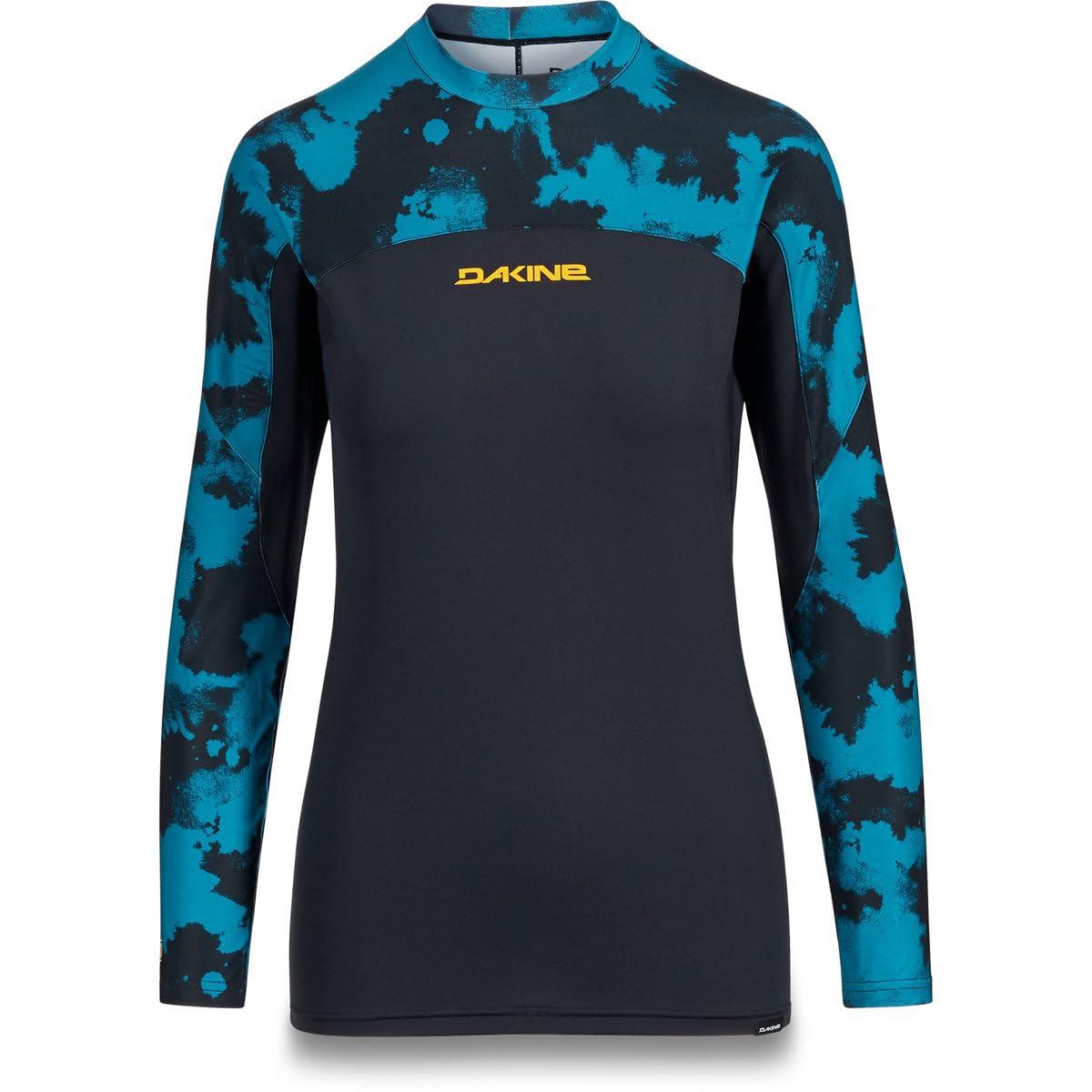 Men's snug fit long sleeve top in black with teal-blue abstract pattern sleeves