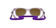 Ray-Ban Junior Wayfarer sunglasses with clear purple frame and brown-tinted lenses, with strap