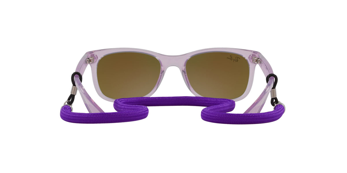 Ray-Ban Junior Wayfarer sunglasses with clear purple frame and brown-tinted lenses, with strap