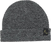 Heather gray knit beanie with folded cuff and small black side logo patch
