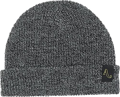 Heather gray knit beanie with folded cuff and small black side logo patch