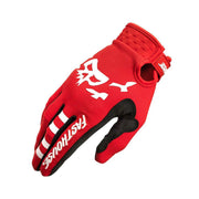 Youth motocross gloves, bright red with white horse graphic and black palm pads