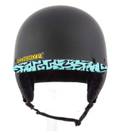 Matte black snow helmet with turquoise graphic band across the front; chin strap.