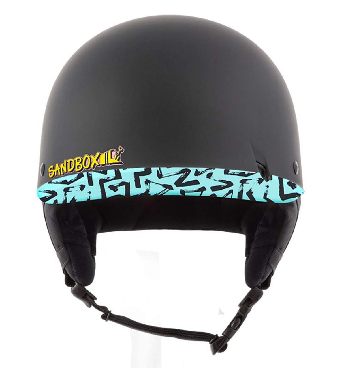 Matte black snow helmet with turquoise graphic band across the front; chin strap.
