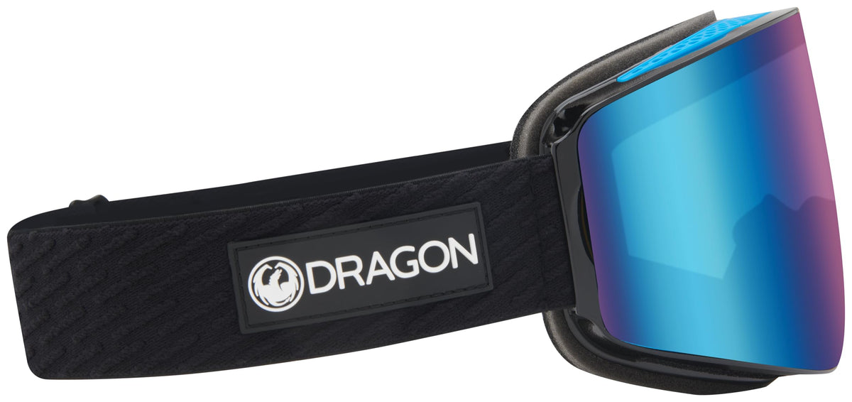 Snow goggles with blue mirrored lens and black strap, logo badge on strap