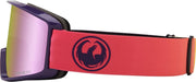 Red snow goggles with purple mirrored lens and black side straps