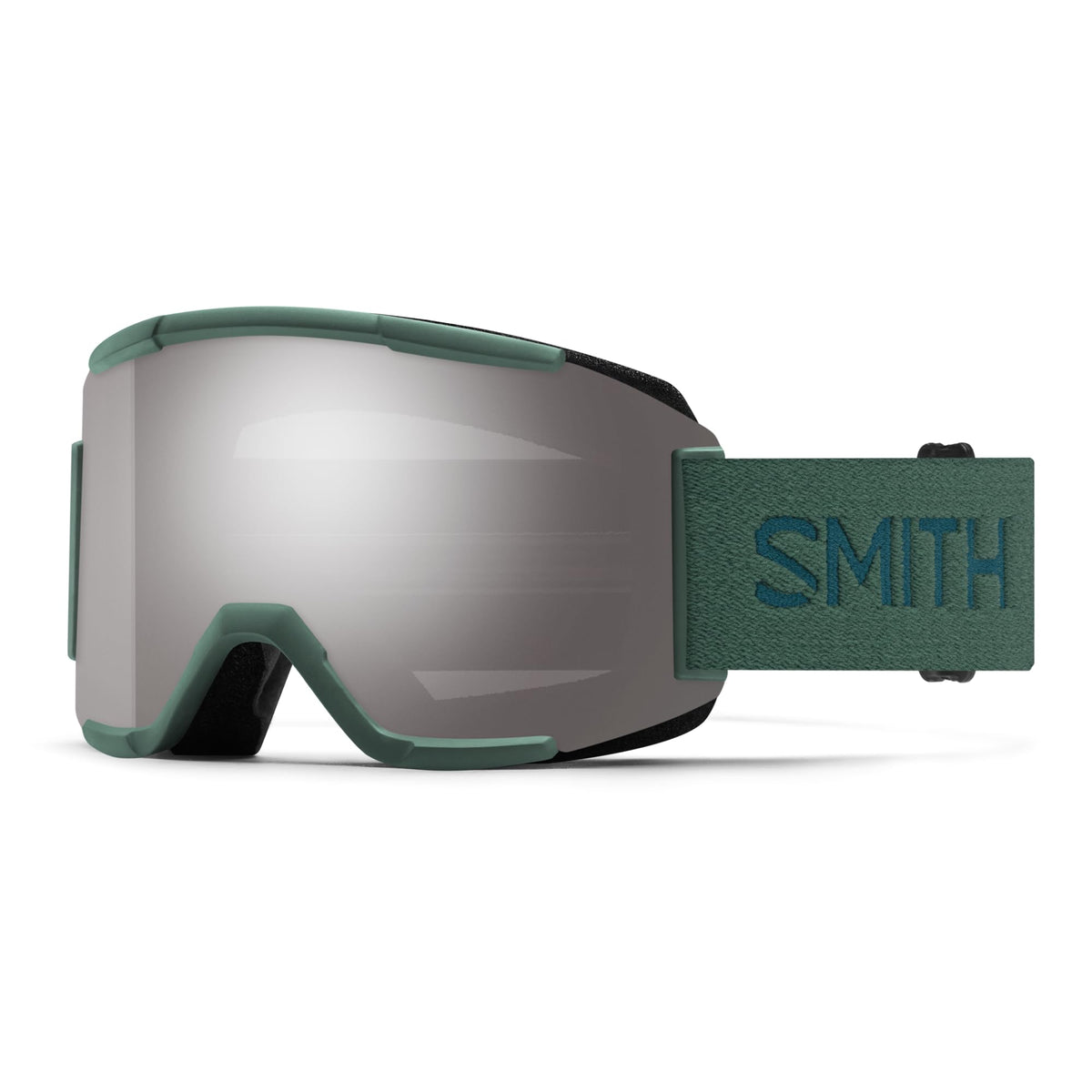 Smith Squad snow goggles with green frame and large smoke lens, Smith logo strap