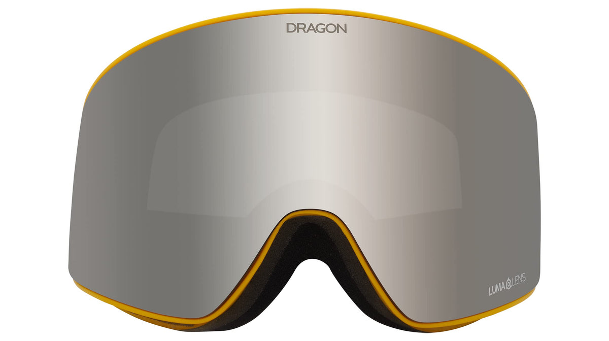Snow goggles with dark smoke lens and gold-toned frame, curved wrap design