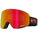 Snow goggles with orange-red lens and red 93 patch, black frame