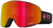 Snow goggles with orange-red mirrored lens, black frame and red 93 patch on strap
