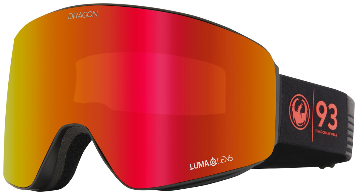 Snow goggles with orange-red mirrored lens, black frame and red 93 patch on strap