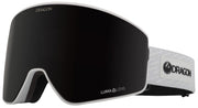 Snow goggles with black lens and white/gray frame, DRAGON branding on strap