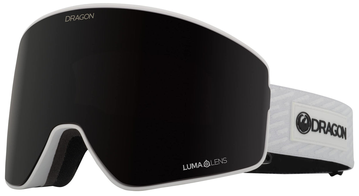 Snow goggles with black lens and white/gray frame, DRAGON branding on strap