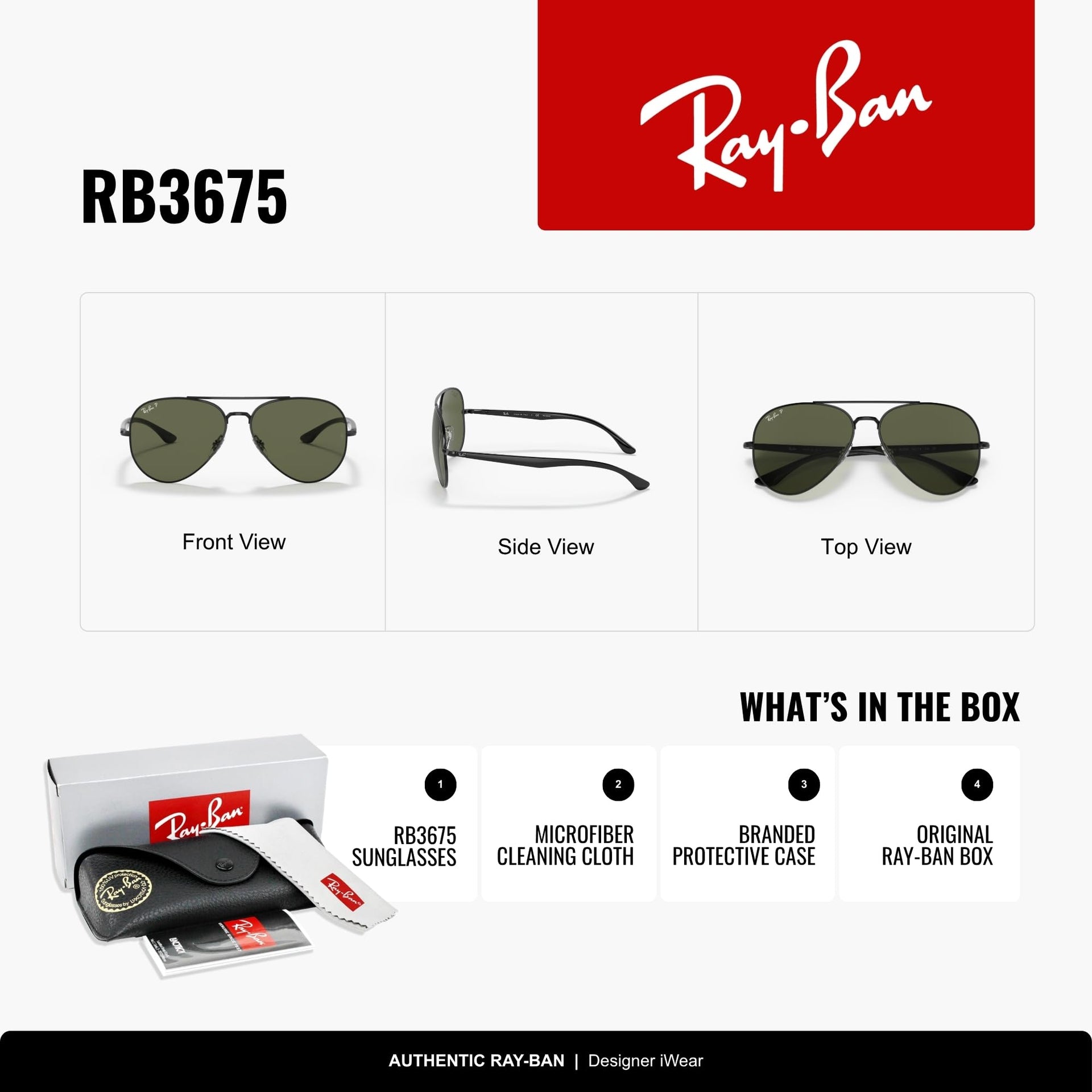 Ray-Ban Aviator RB3675 Sunglasses - Black/Green Polarized / 58 mm - 8056597432184 - Additional Image 1