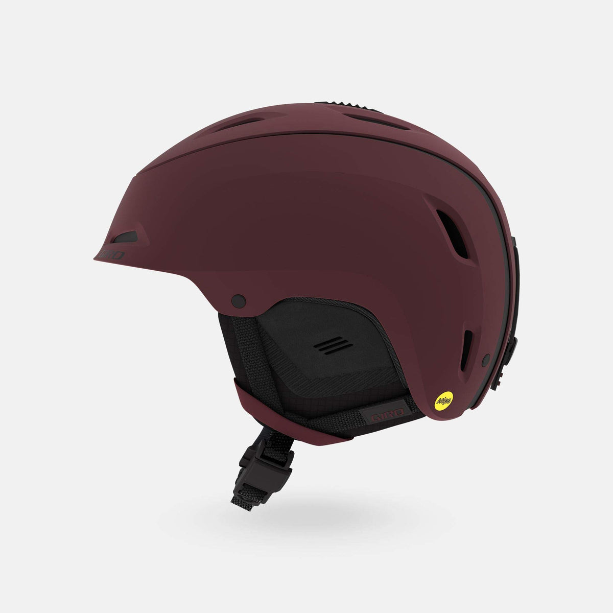 Burgundy snow helmet with black interior padding and adjustable chin strap