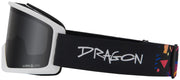 Dragon Alliance snow goggles with white frame, dark smoke lens, black OTG strap
