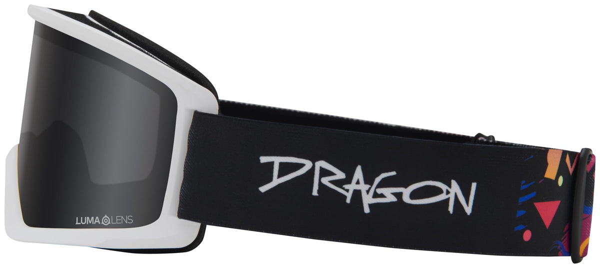 Dragon Alliance snow goggles with white frame, dark smoke lens, black OTG strap