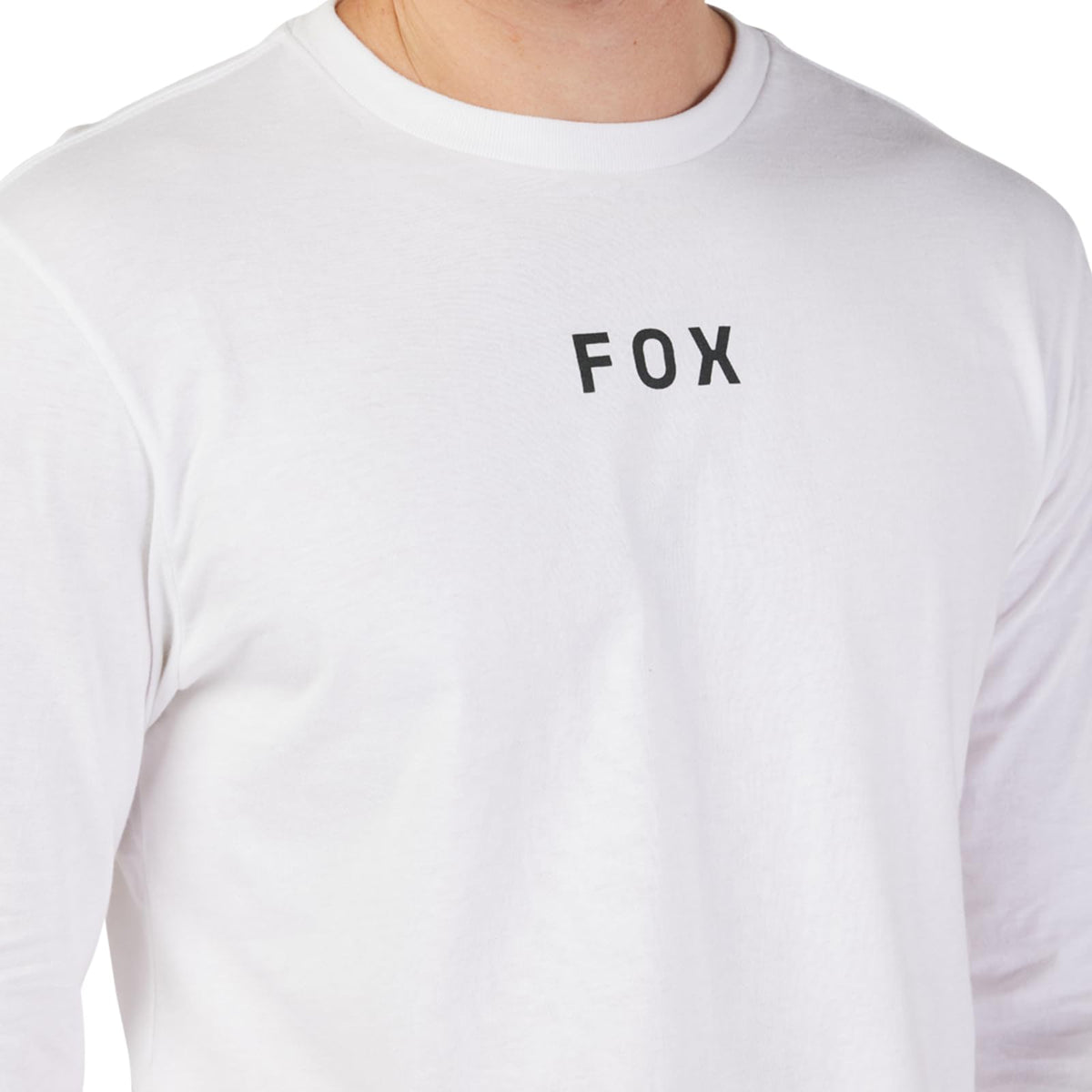 Men's Fox Racing long-sleeve prem tee, optic white, FOX chest logo close-up