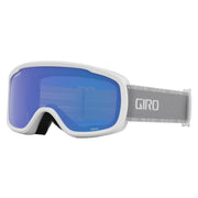 Snow goggles by Giro Moxie, white frame with blue mirrored lens and gray strap
