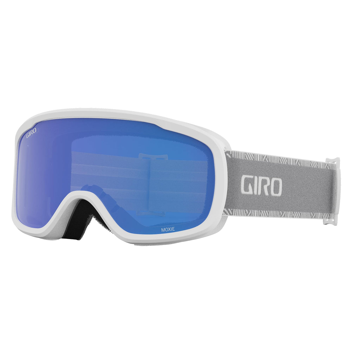Snow goggles by Giro Moxie, white frame with blue mirrored lens and gray strap