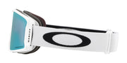Oakley snow goggles, side view: white strap with black O logo and blue lens