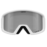 White snow goggles with wide gray lens and black foam forehead gasket