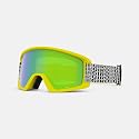 Semi snow goggles with small green frame and clear strap detail