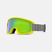Semi snow goggles with yellow frame and bright green mirrored lens