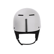 Matte white front view ski helmet with central buckle and black chin strap