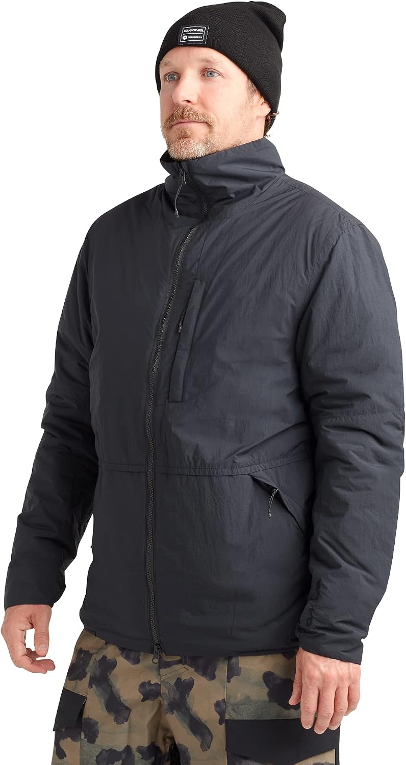 Men's black insulated winter jacket with hood, zip front, and front pockets