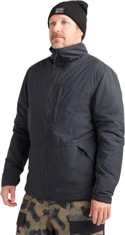 Men's black insulated winter jacket with hood, zip front, and front pockets