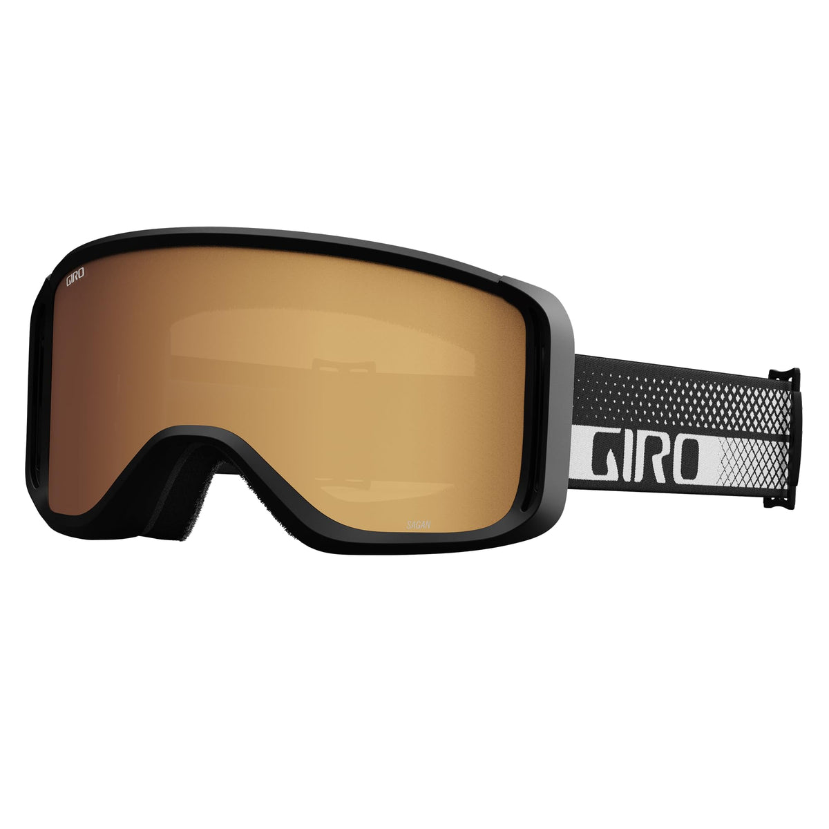 Sagen snow goggles with black frame and amber lens, white wordmark strap
