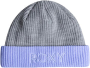 Roxy Freja women's beanie, heather grey knit with blue ribbed cuff and ROXY logo