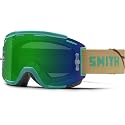 Snow goggles with teal green frame and green-blue mirrored lens