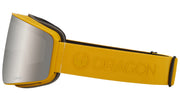 Snow goggles with yellow strap and gray lens, side profile with padded frame