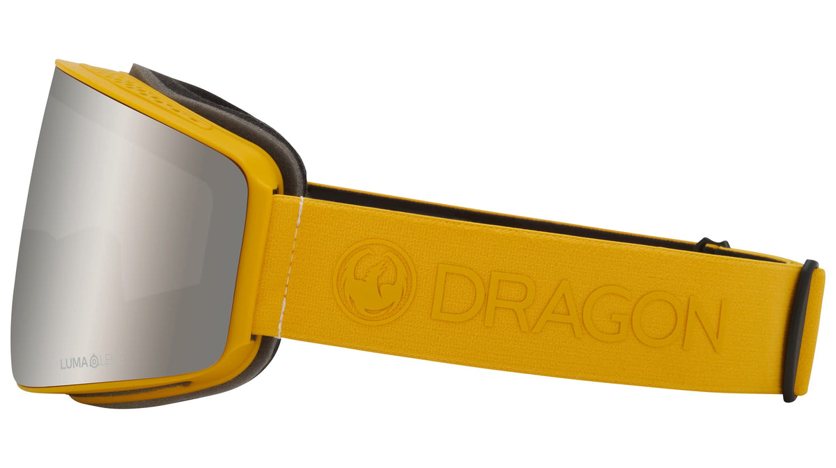 Snow goggles with yellow strap and gray lens, side profile with padded frame