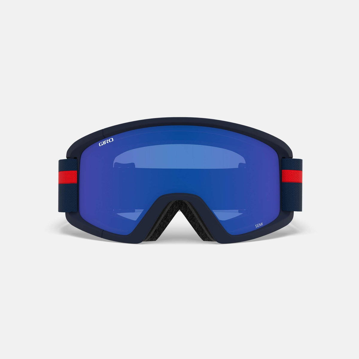 Semi snow goggles with blue mirrored lens and red-and-white strap bands