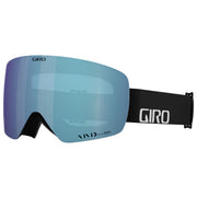 Snow goggles with blue mirrored lens and black frame strap, Giro logo on strap.