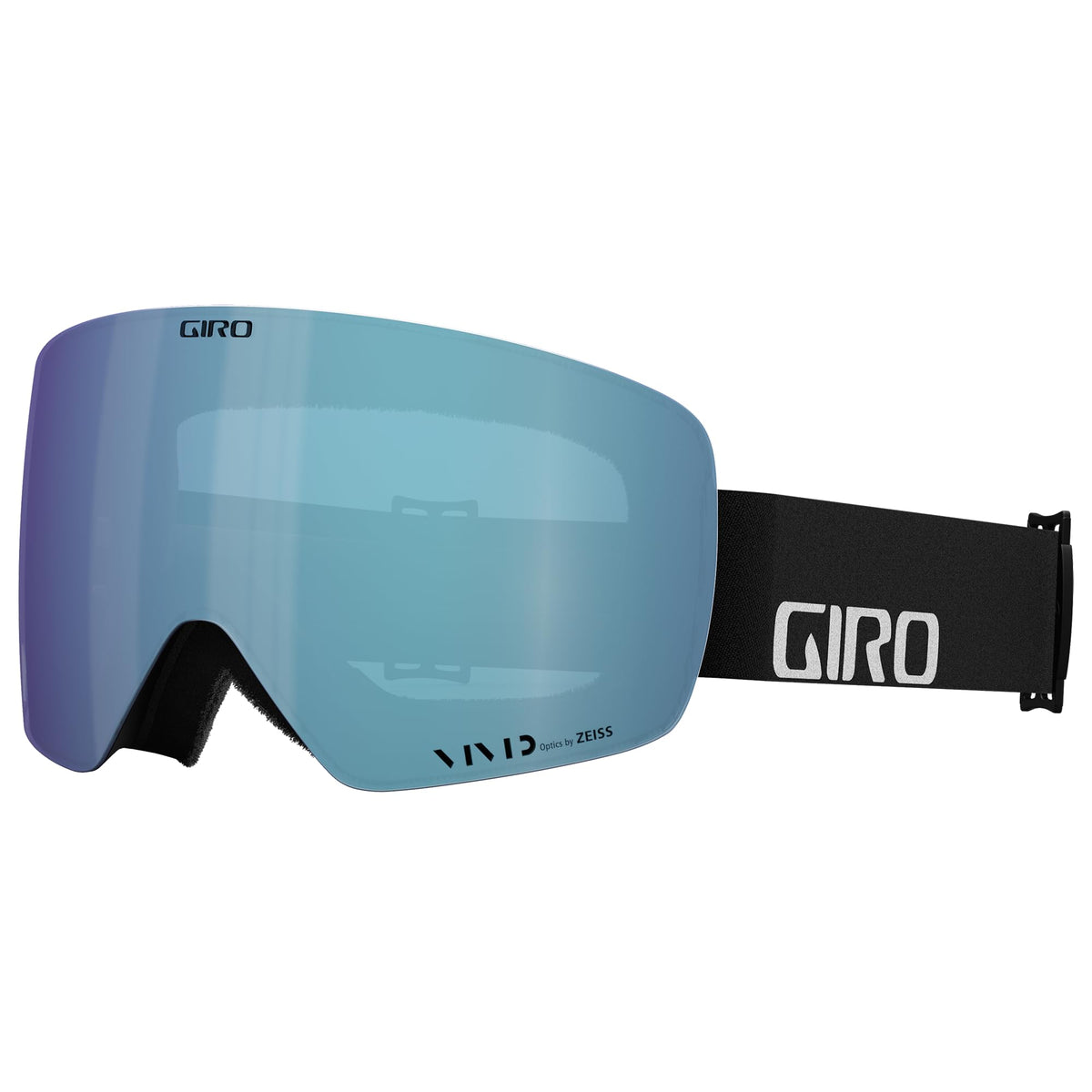 Snow goggles with blue mirrored lens and black frame strap, Giro logo on strap.