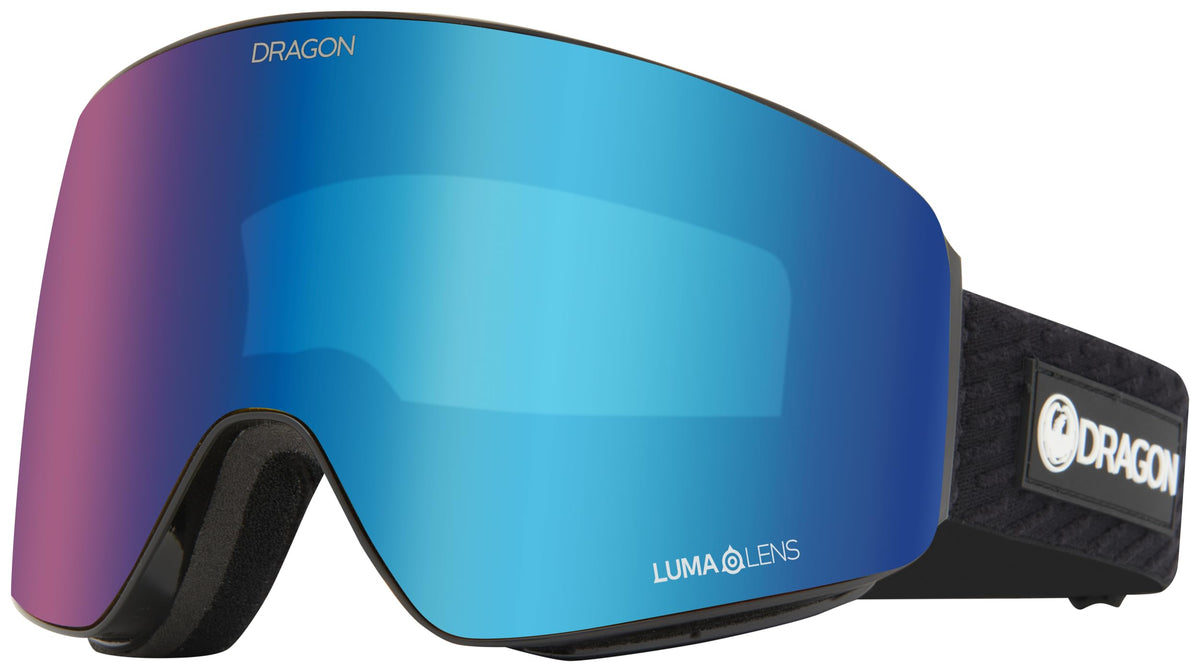 Snow goggles with blue mirrored lens and black foam strap, curved lens shape