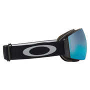 Oakley snow goggle with black strap and blue mirrored Prizm lens, wide side profile.