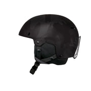 Black camo snow helmet with chin strap and protective side guard, glossy cap.