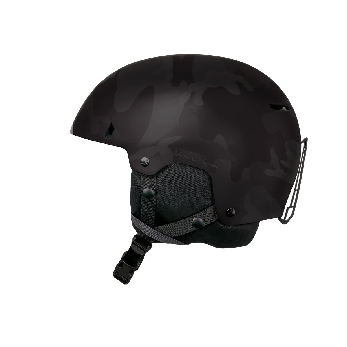 Black camo snow helmet with chin strap and protective side guard, glossy cap.