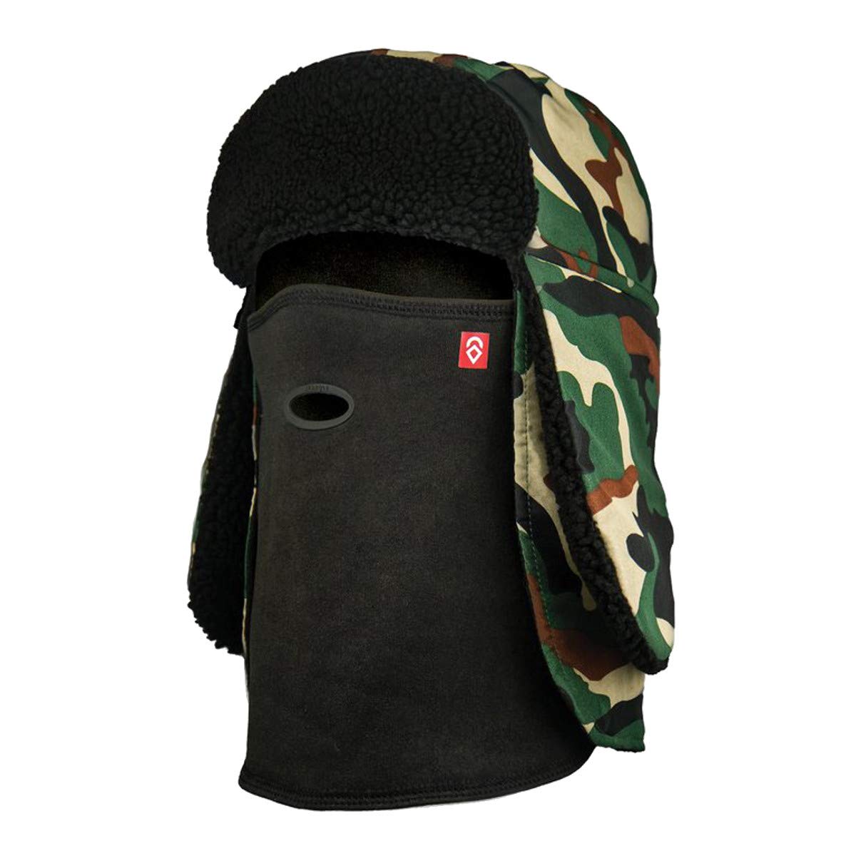 Airhole Tech hat with black fleece face cover, woodland camo ear flaps