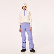 Lavender insulated ski pants with high-waist fit and Oakley label on thigh