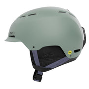 Snow helmet with matte mint green shell and black chin strap