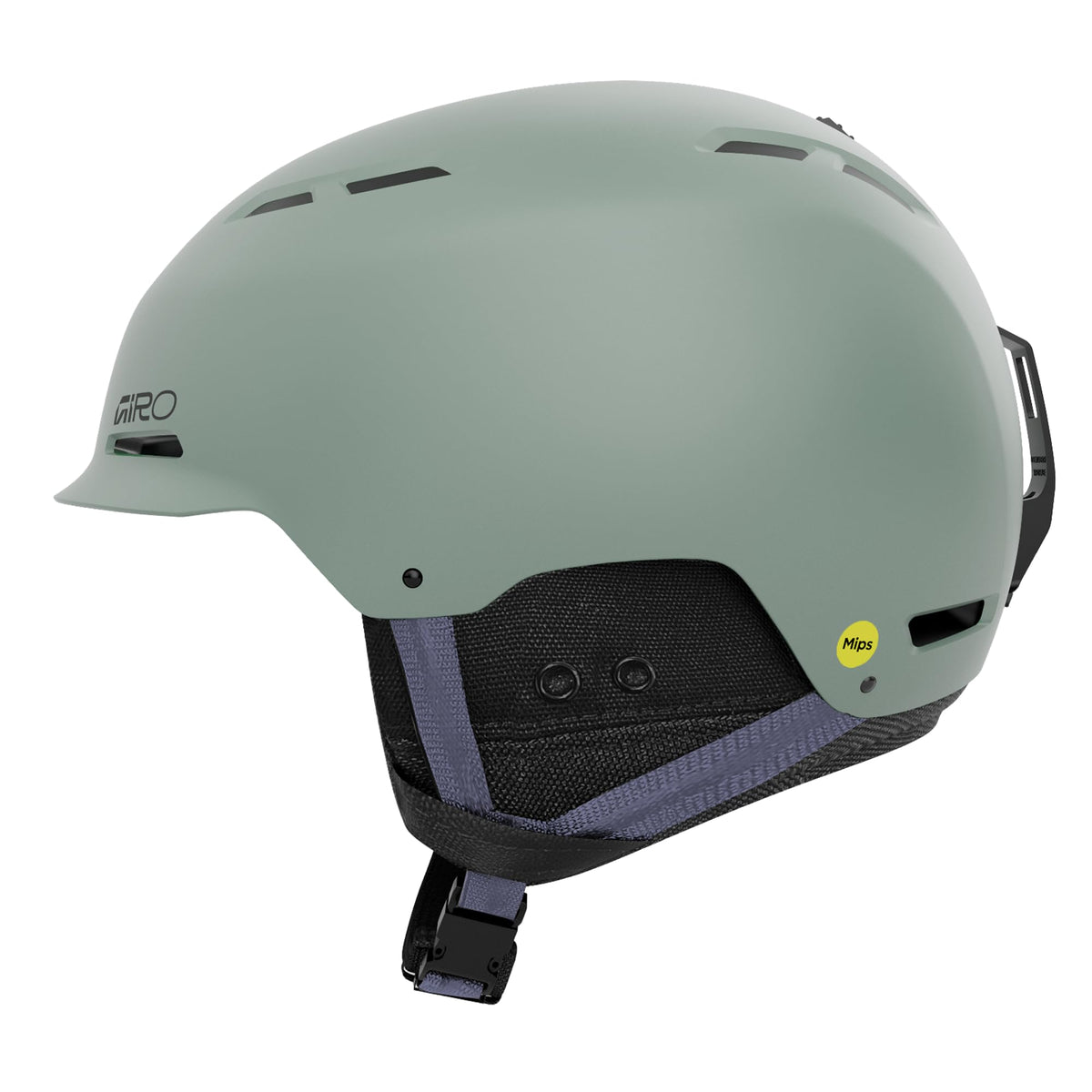 Snow helmet with matte mint green shell and black chin strap